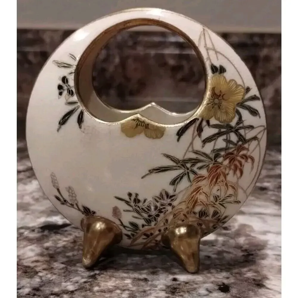 JAPANESE Late Meiji Period Antique SMALL SATSUMA MOON Gold Floral Flask Vase